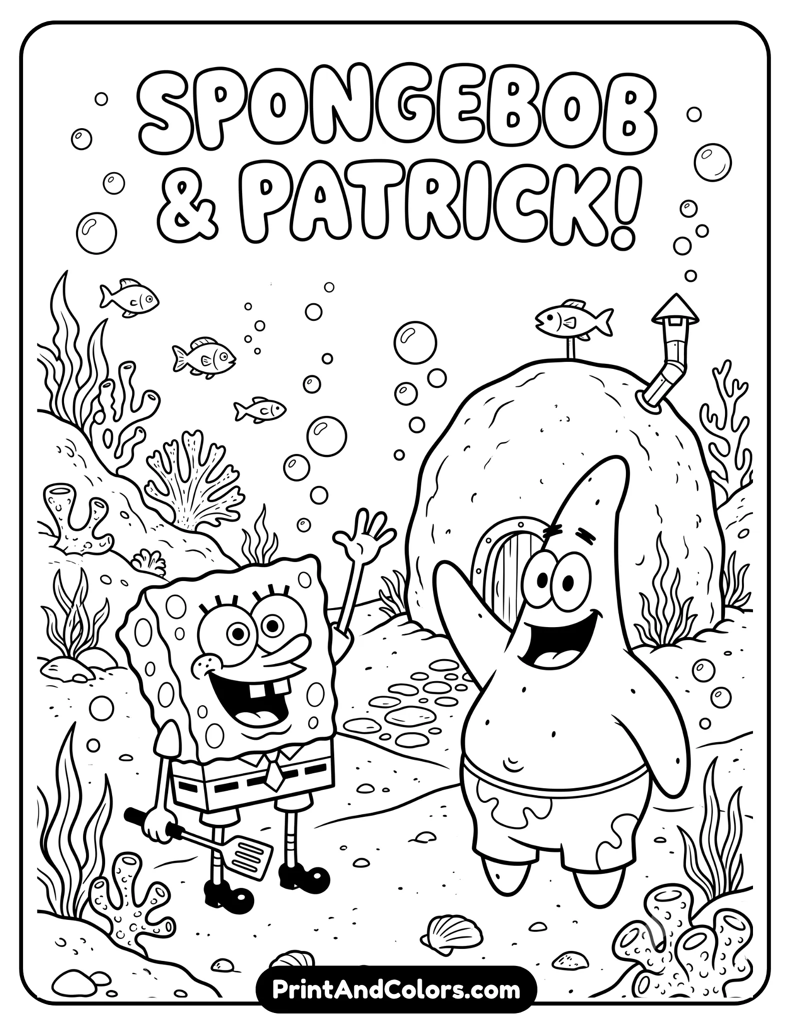 Black and white line art coloring page of SpongeBob waving hello to Patrick outside Patrick’s rock house, friendly cartoon expressions, underwater background with bubbles and coral, clean printable outlines for coloring fun