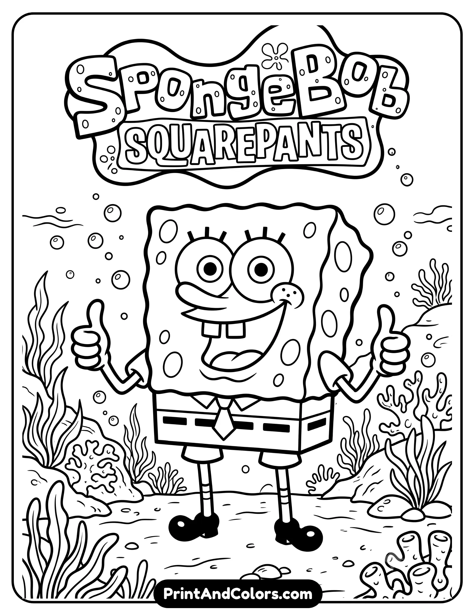 Classic black and white coloring page of SpongeBob standing confidently with thumbs up, big smile, Bikini Bottom underwater background with bubbles and sea plants, clean bold outlines, simple yet detailed printable cartoon line art