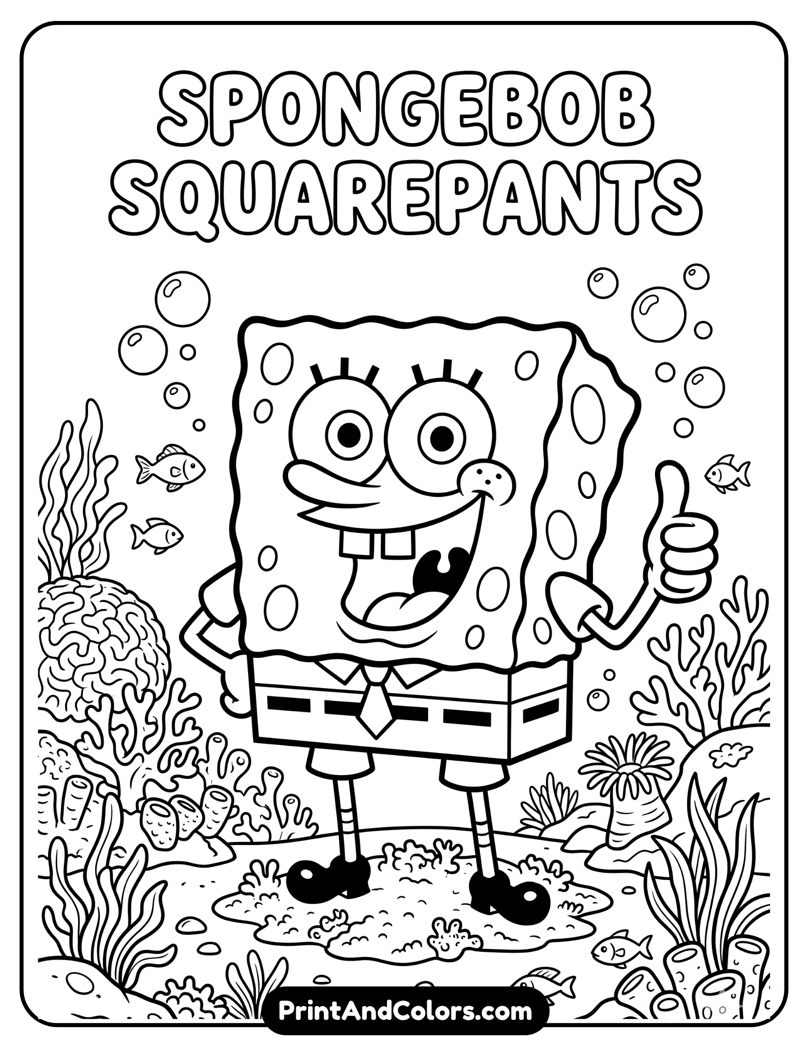 Classic black and white coloring page of SpongeBob SquarePants posing with a big smile and thumbs up, underwater cartoon background with bubbles and coral, detailed clean outlines, printable kid-friendly coloring sheet