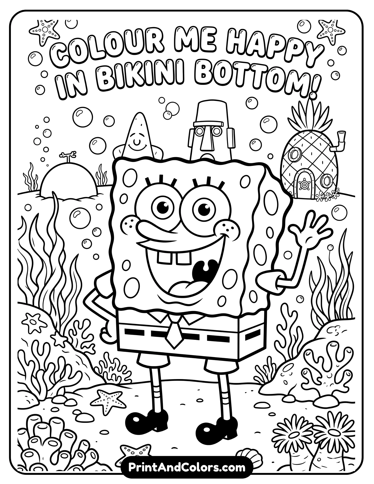 Black and white line art coloring page of SpongeBob SquarePants standing happily in Bikini Bottom, wearing his square pants, striped tie, and shiny shoes, big cheerful smile, large expressive eyes, ocean plants and bubbles in background, clean bold outlines, fun cartoon style, kid-friendly printable coloring page, highly detailed but easy-to-color sections, no shading, white background
