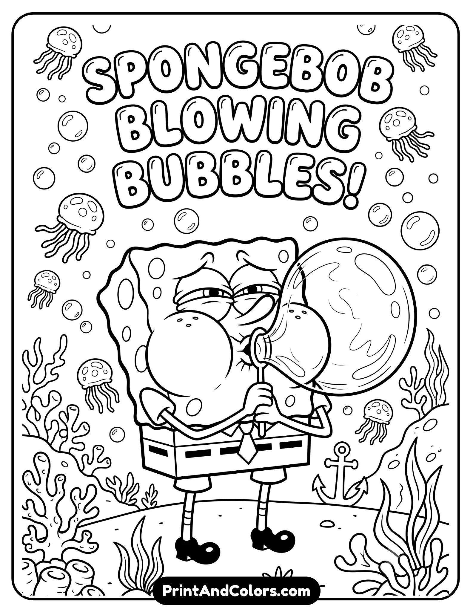 Black and white coloring page of SpongeBob trying to blow a large bubble, cheeks puffed, bubble expanding in front of him, underwater background with smaller bubbles and jellyfish, clean cartoon line art, printable kid-friendly design.