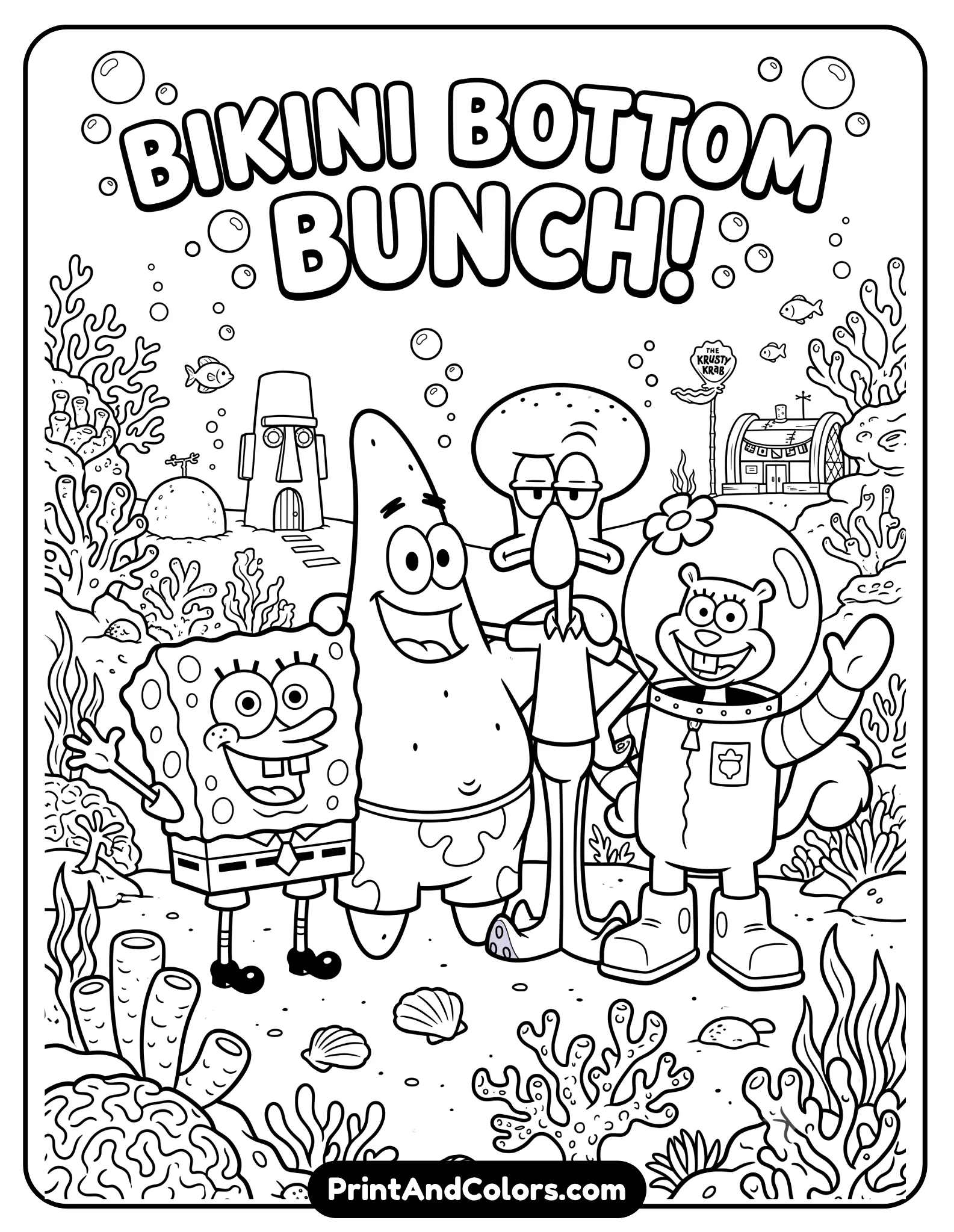 Detailed black and white coloring page featuring SpongeBob, Patrick, Squidward, and Sandy standing together in Bikini Bottom, cheerful group scene with bubbles and coral reefs, clean cartoon outlines, printable coloring activity for kids