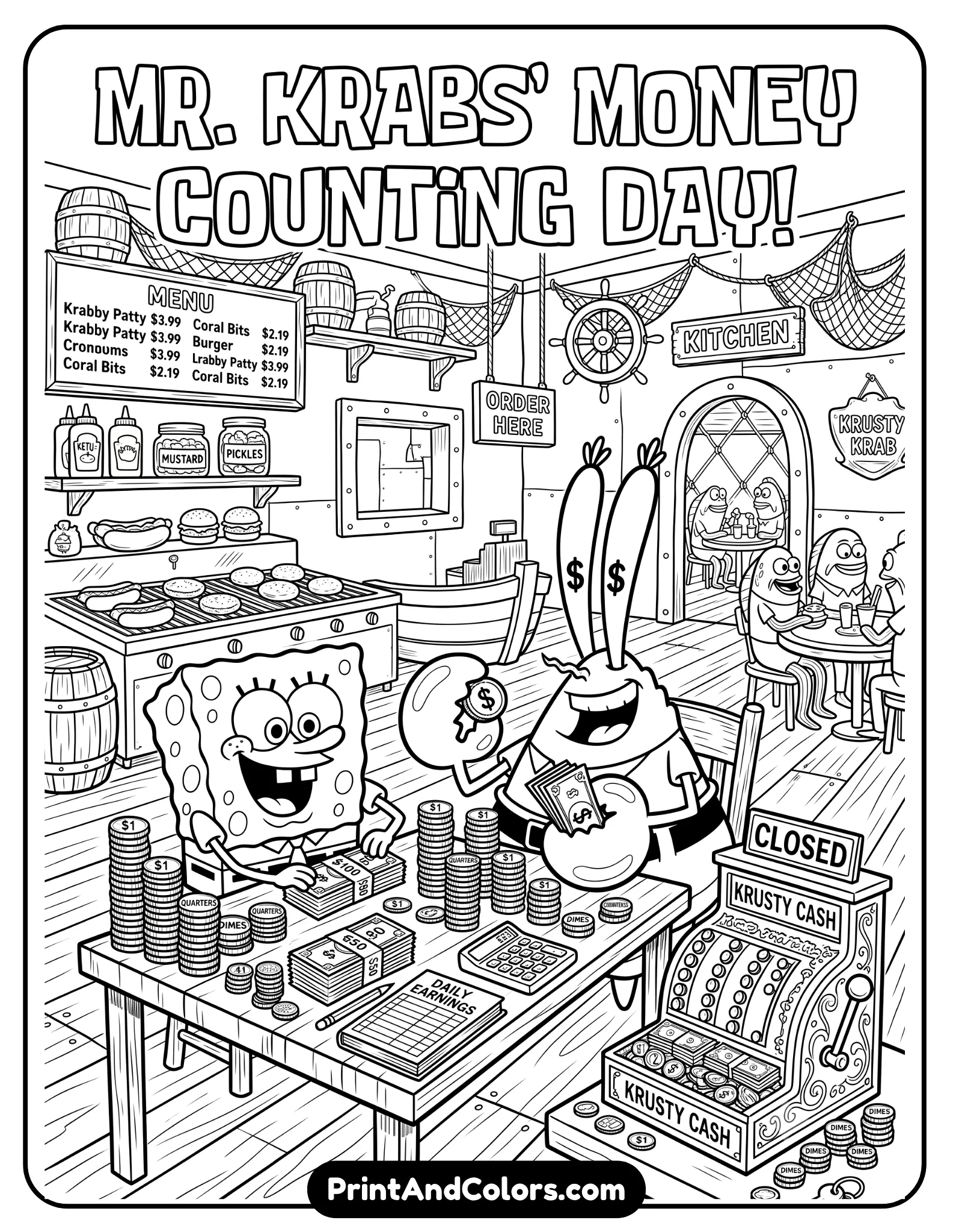 Detailed black and white coloring page of SpongeBob and Mr. Krabs sitting at a table counting coins and cash inside the Krusty Krab, money stacks, cash register, and burger kitchen background, humorous cartoon line art, bold printable outlines