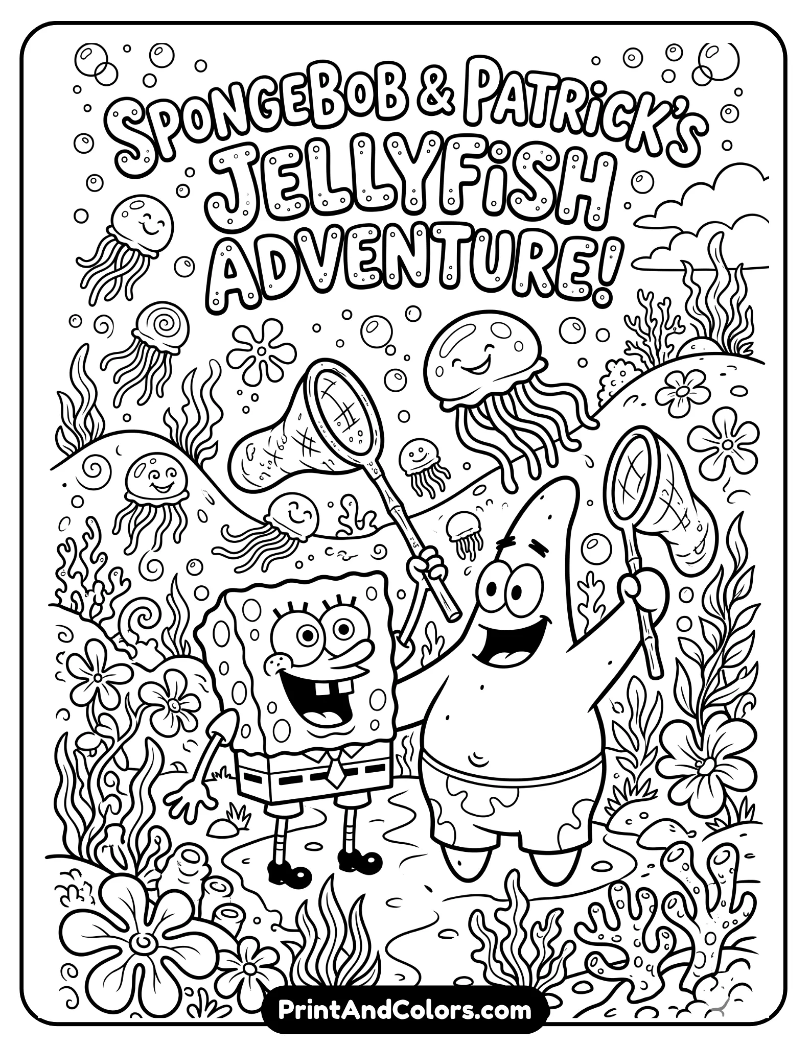 black and white coloring page of SpongeBob and Patrick holding jellyfish nets together, smiling and ready for adventure, Jellyfish Fields background with bubbles and flowers, cartoon line art, printable design with bold outlines