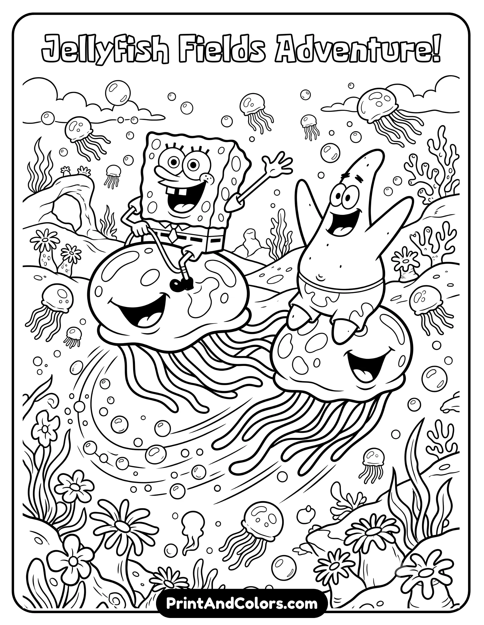 Black and white coloring page of SpongeBob and Patrick happily riding giant jellyfish through Jellyfish Fields, smiling expressions, floating jellyfish, flowers, and bubbles, dynamic motion cartoon style, clean bold outlines for printable coloring sheet