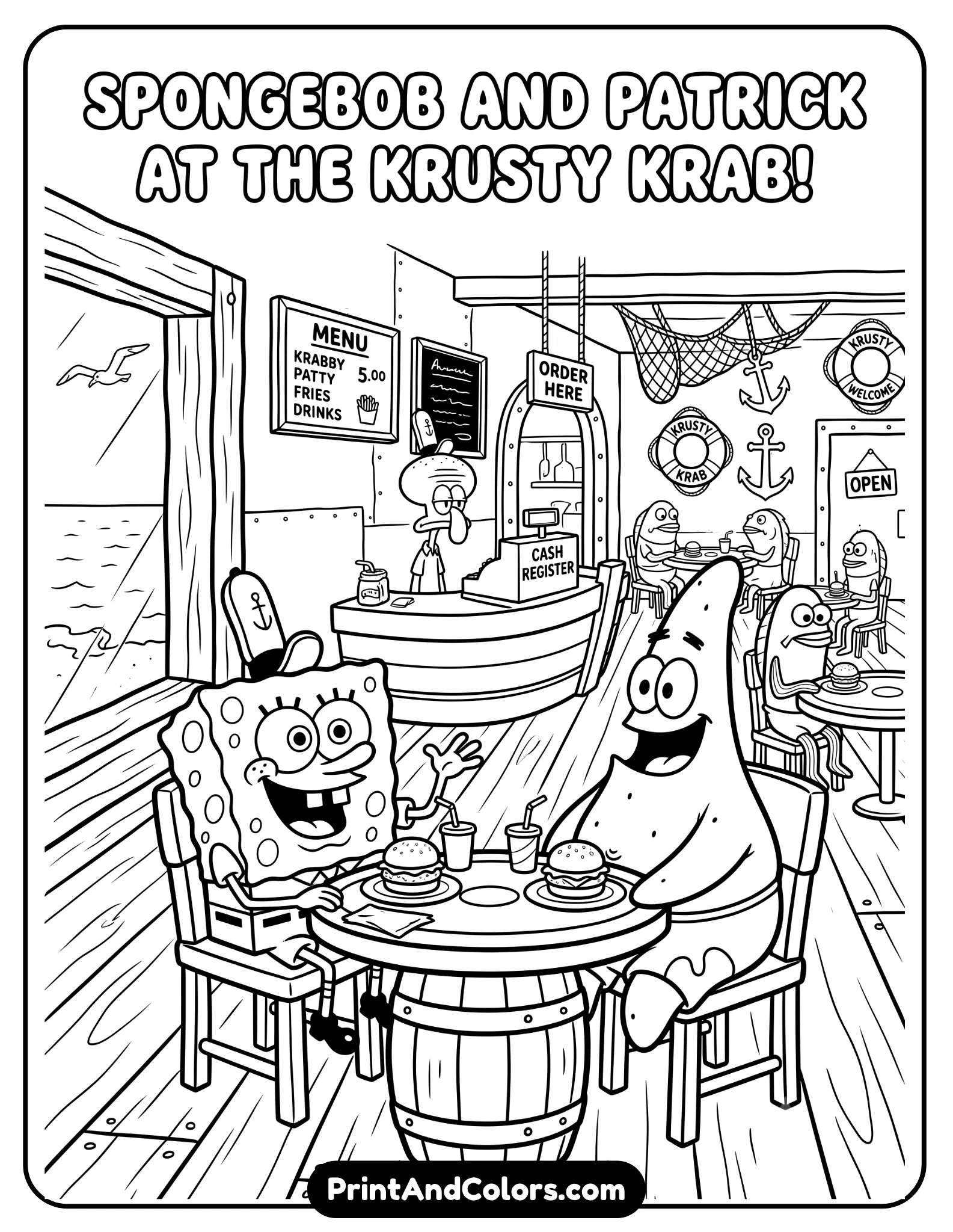 Black and white line art coloring page of SpongeBob and Patrick inside the Krusty Krab restaurant, sitting at a table with Krabby Patties, happy expressions, interior details like counter, cash register, and windows, bold printable outlines.