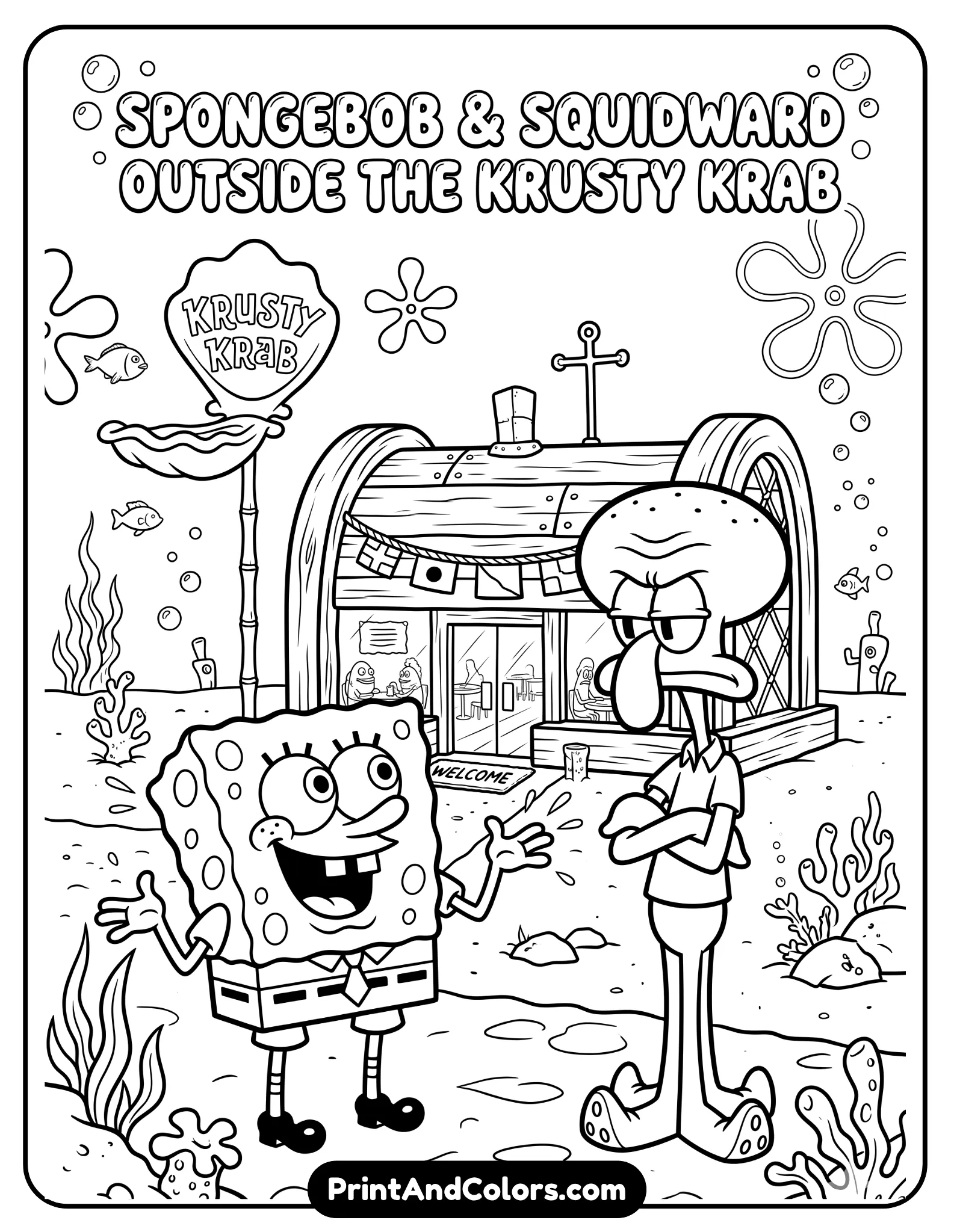 Black and white coloring page of SpongeBob happily talking to annoyed Squidward outside the Krusty Krab, funny cartoon interaction, bubbles and ocean background details, clean bold outlines, printable line art for kids.