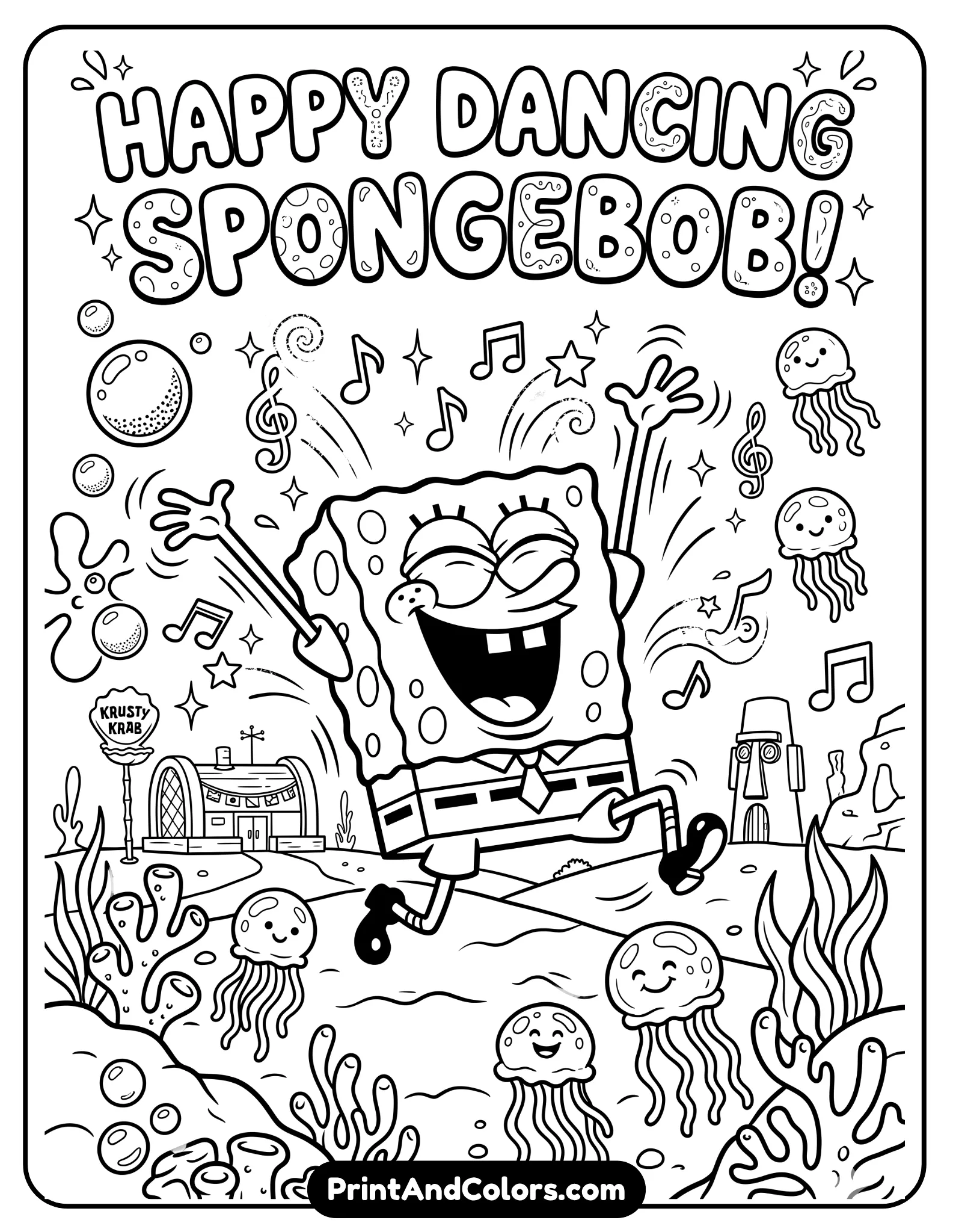 Black and white printable coloring page of SpongeBob dancing joyfully with arms raised, musical notes floating around him, energetic cartoon movement, Bikini Bottom background with bubbles and jellyfish, clean thick outlines, fun line art for coloring