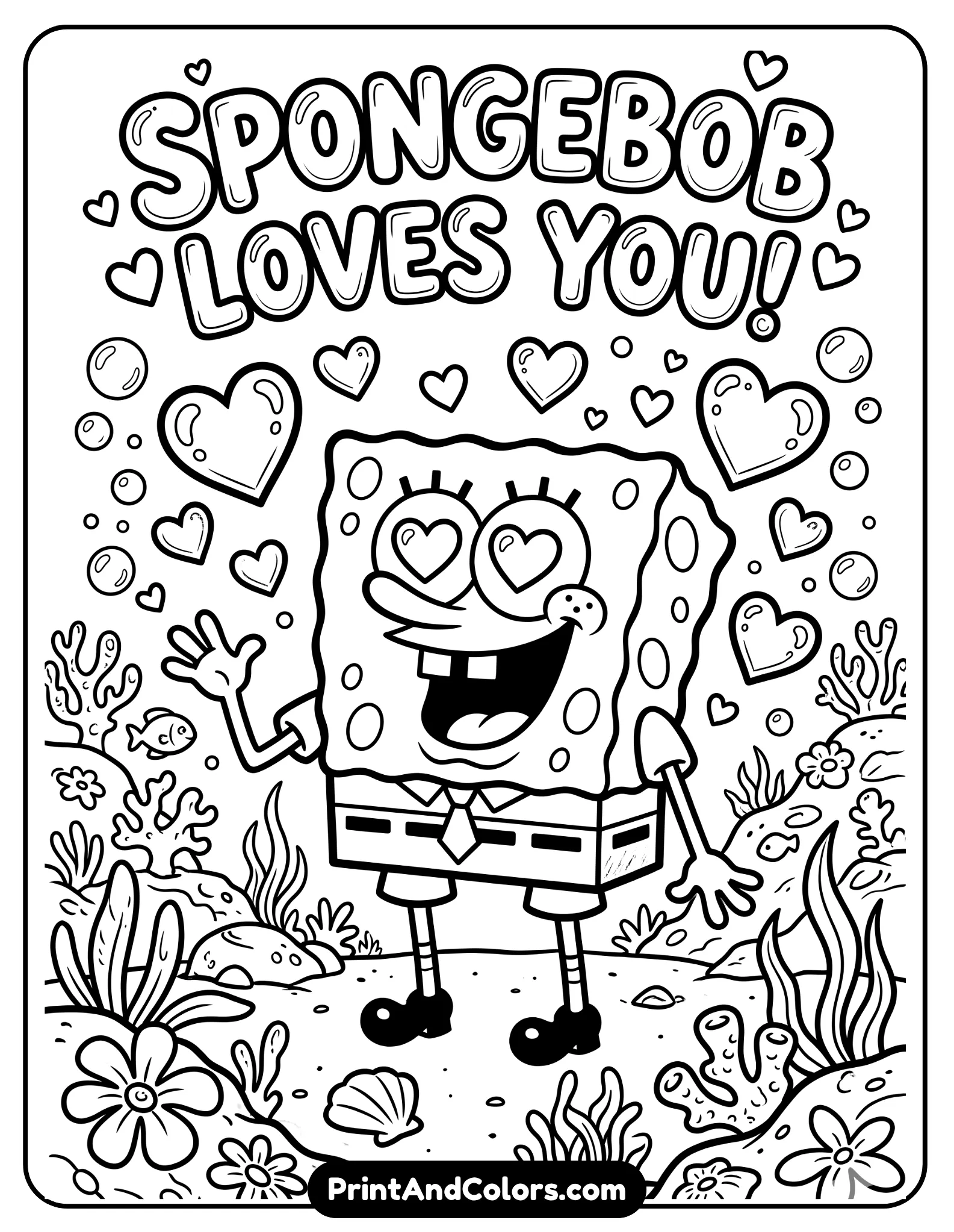 Cute black and white coloring page of SpongeBob with heart-shaped eyes and huge smile, cartoon hearts floating around him, cheerful underwater background with bubbles and flowers, thick printable outlines, fun romantic cartoon style