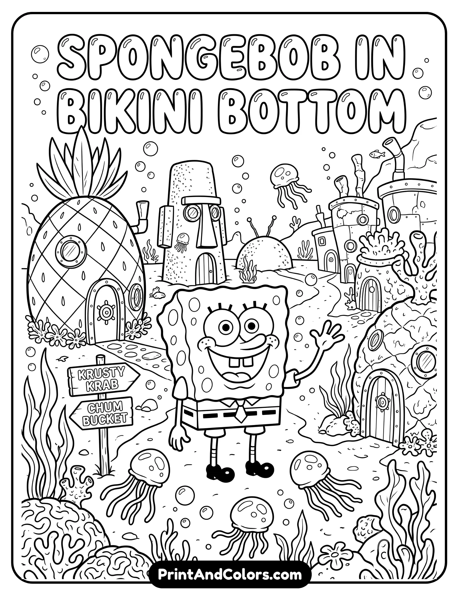 Black and white printable coloring page of SpongeBob standing in the middle of Bikini Bottom, surrounded by coral houses, bubbles, jellyfish, and underwater scenery, cheerful cartoon atmosphere, detailed clean line art with bold outlines for coloring