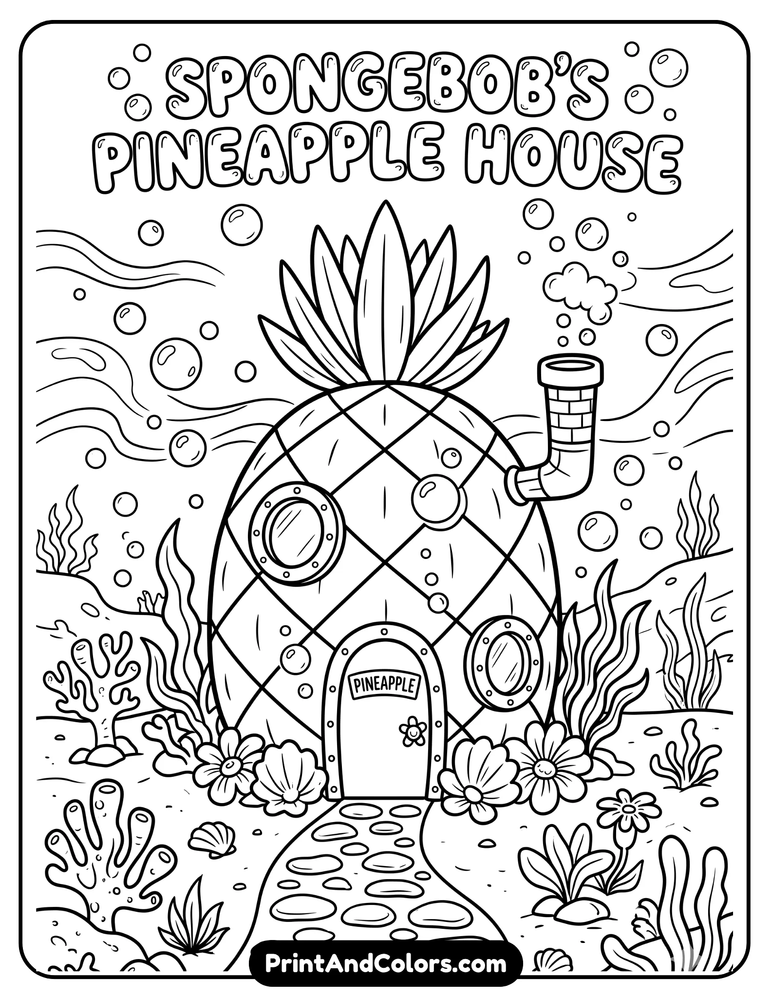 Black and white line art of SpongeBob’s pineapple house with round windows, chimney, front pathway, underwater flowers and bubbles surrounding it, detailed cartoon architecture, clean outlines for coloring, printable page for kids