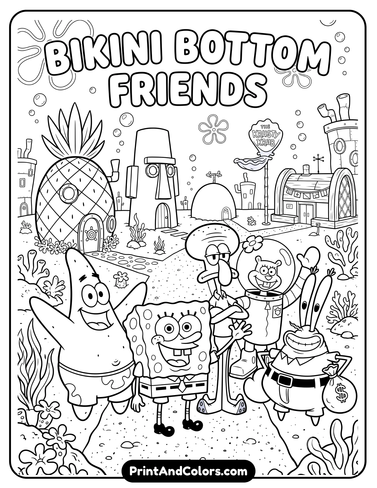 Detailed black and white coloring page of SpongeBob standing with Patrick, Squidward, Sandy, and Mr. Krabs in Bikini Bottom street scene, coral buildings, bubbles, and friendly group poses, clean printable cartoon outlines