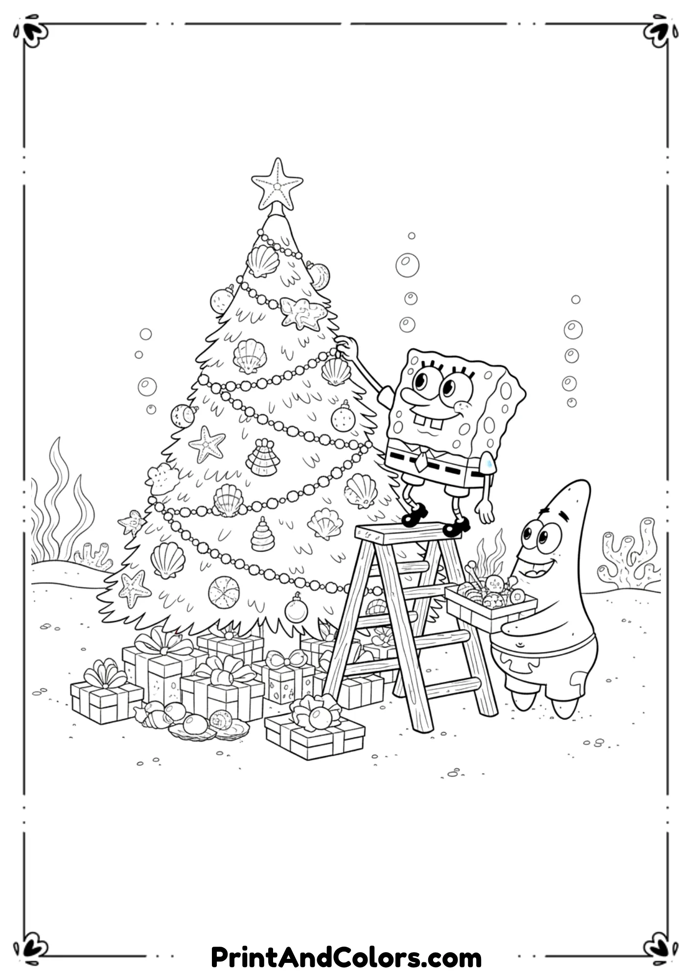 Outline drawing of SpongeBob decorating an underwater Christmas tree with seashell ornaments.
