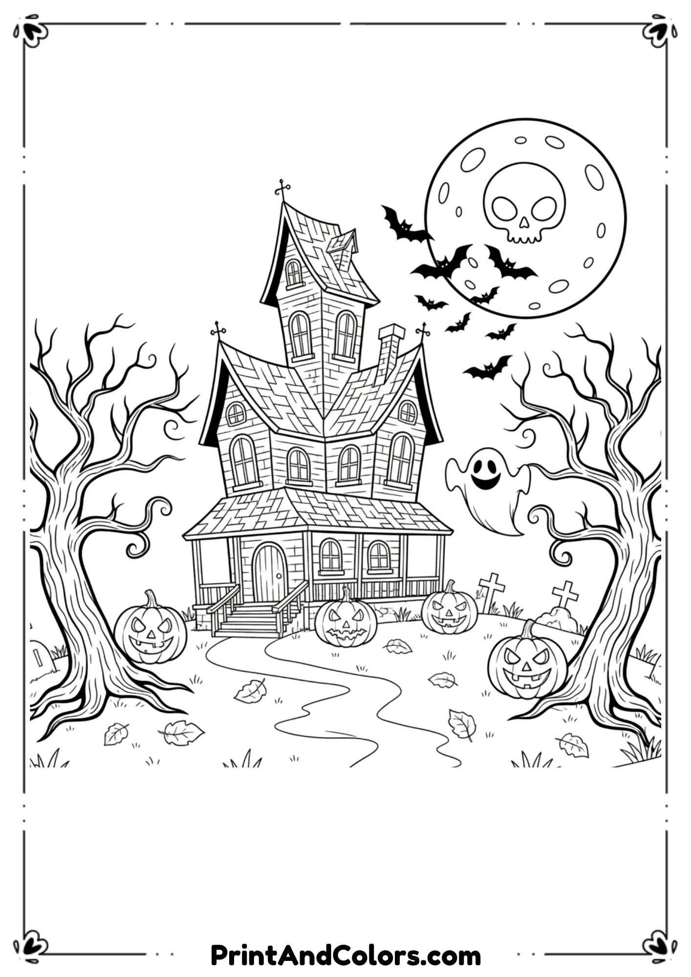 Creepy Halloween black-and-white illustration with haunted house, bare trees, full moon, and flying bats.