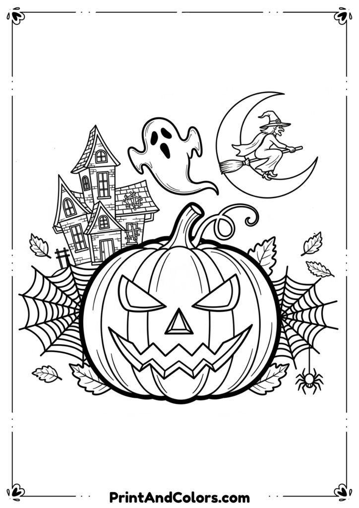 Creepy Halloween black-and-white illustration with haunted house, bare trees, full moon, and flying bats.
