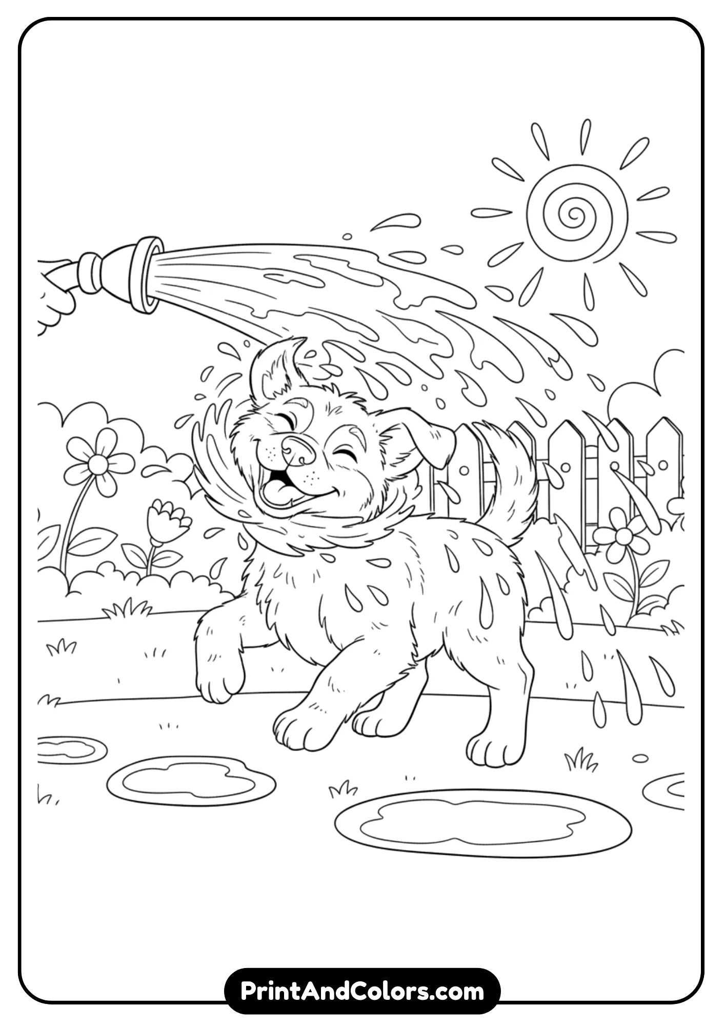 Black and white line art of a playful puppy being sprayed with water from a garden hose in the yard. Fun outline design for coloring.