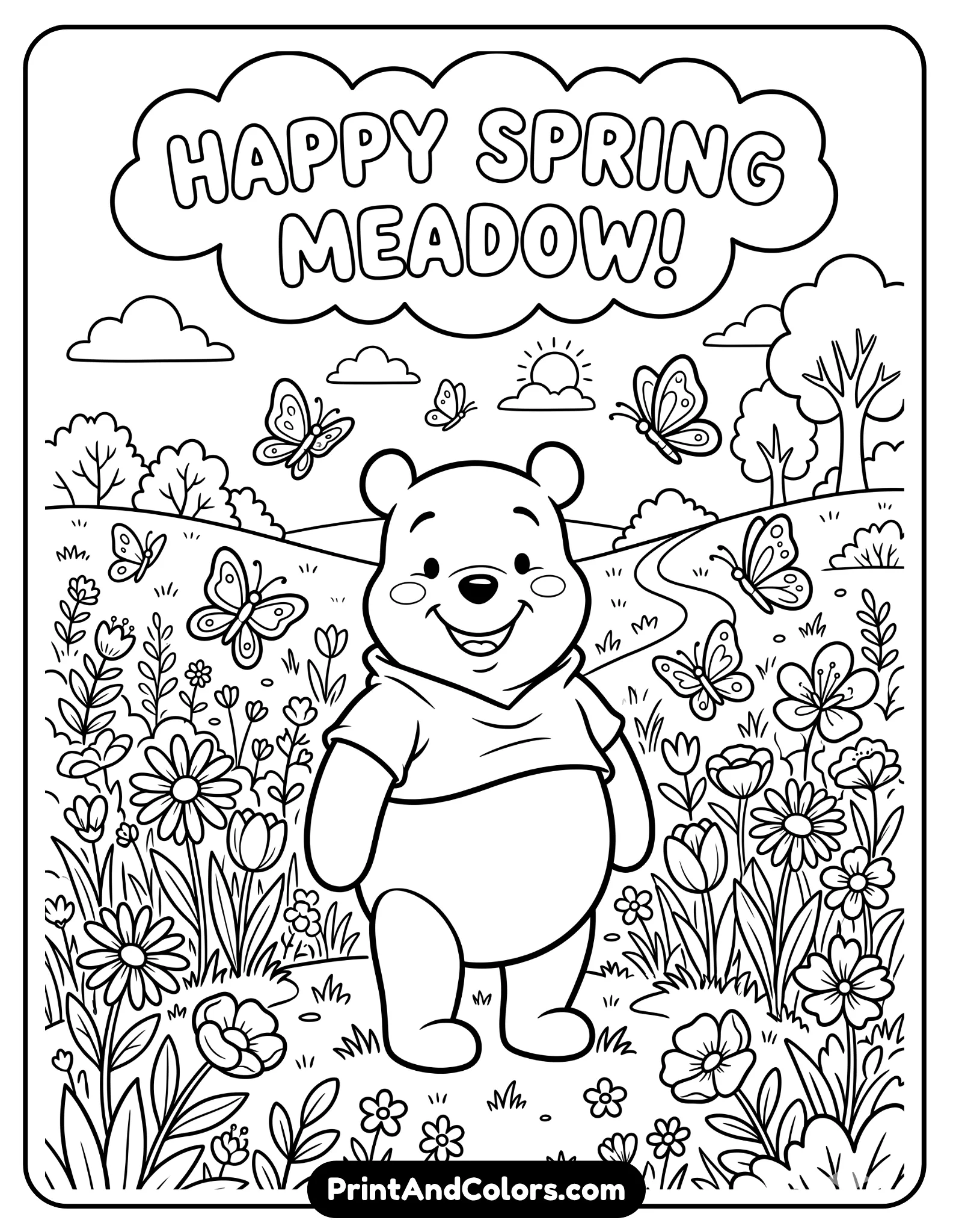 Black and white line art coloring page of Winnie the Pooh standing happily in a spring meadow, surrounded by blooming flowers, butterflies flying around him, soft grass and small plants on the ground, cheerful expression, classic cartoon style, clean bold outlines, large open areas for coloring, printable kids coloring sheet.