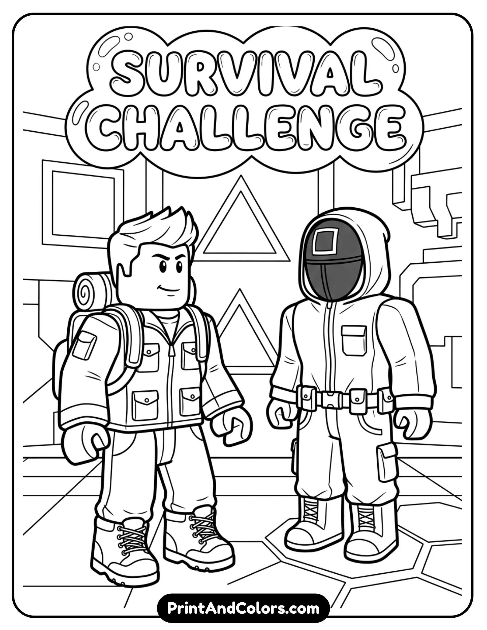 Roblox characters in survival game outfits, masked guard and player, simple geometric shapes in background, clean outlines, non-violent depiction