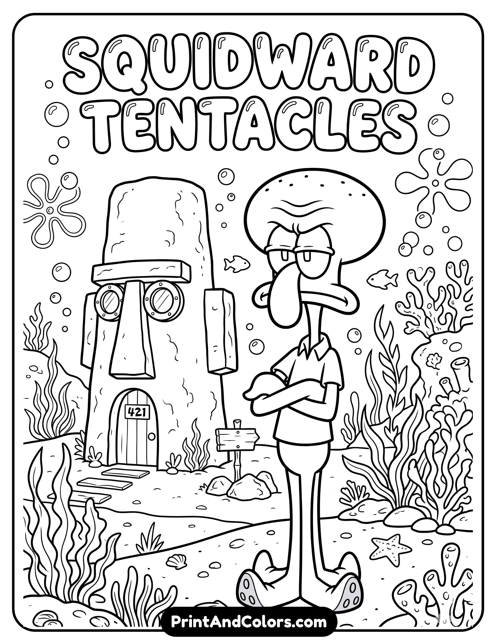 Black and white line art of Squidward Tentacles standing with crossed arms and annoyed expression outside his Easter Island house, detailed cartoon outlines, underwater scenery with sand, bubbles, and seaweed, printable coloring page for kids and fans, clean coloring spaces, no color fill