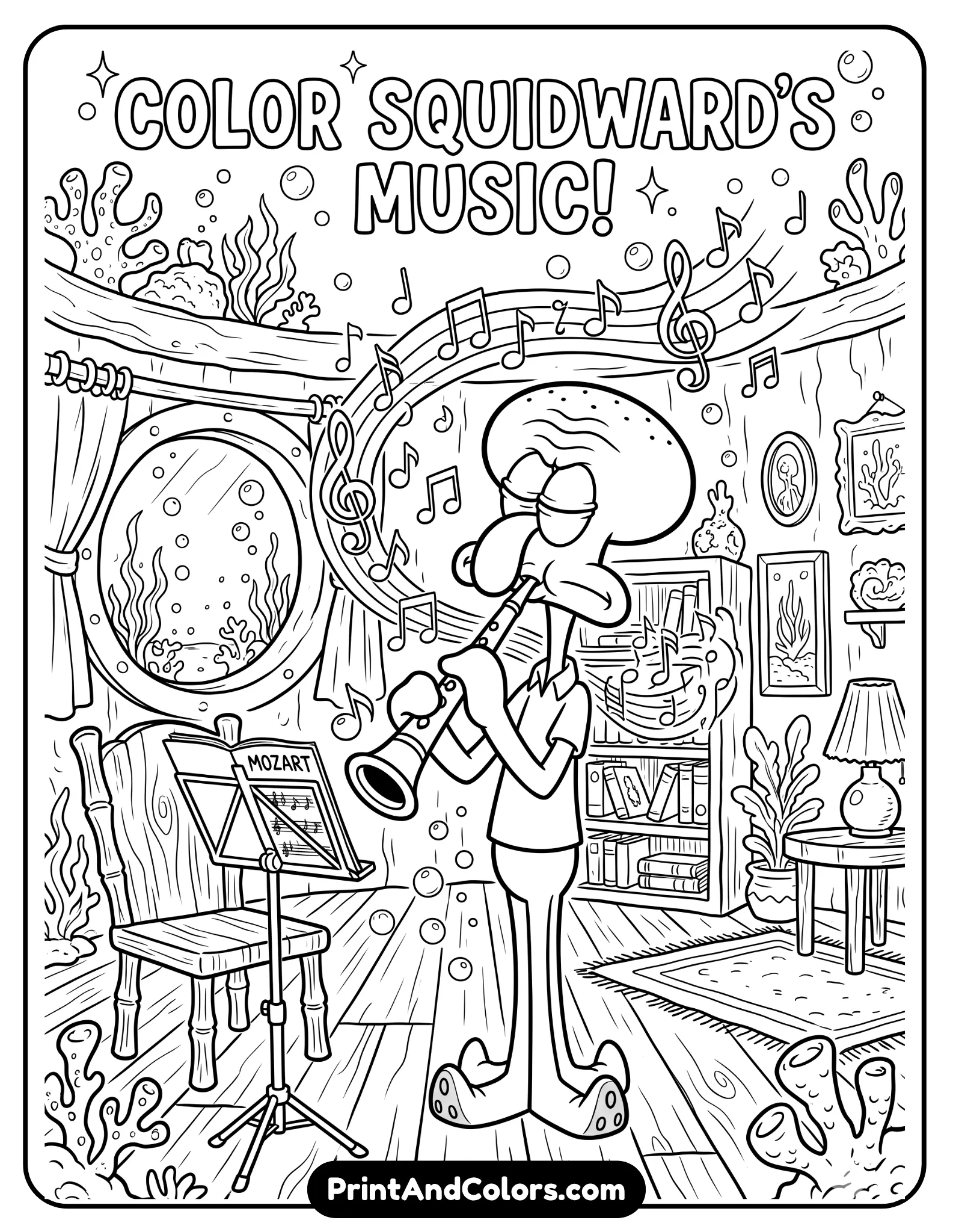 Black and white line art coloring page of Squidward playing his clarinet passionately inside his house, music notes floating around, chair and music stand nearby, cartoon underwater home interior, detailed outlines, printable coloring sheet style