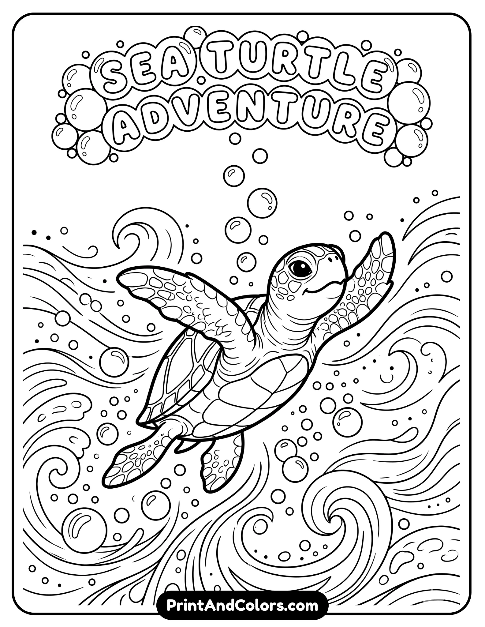 Black and white line drawing of a small baby sea turtle swimming energetically with flippers extended, surrounded by bubbles and gentle wave patterns. Cute, playful design