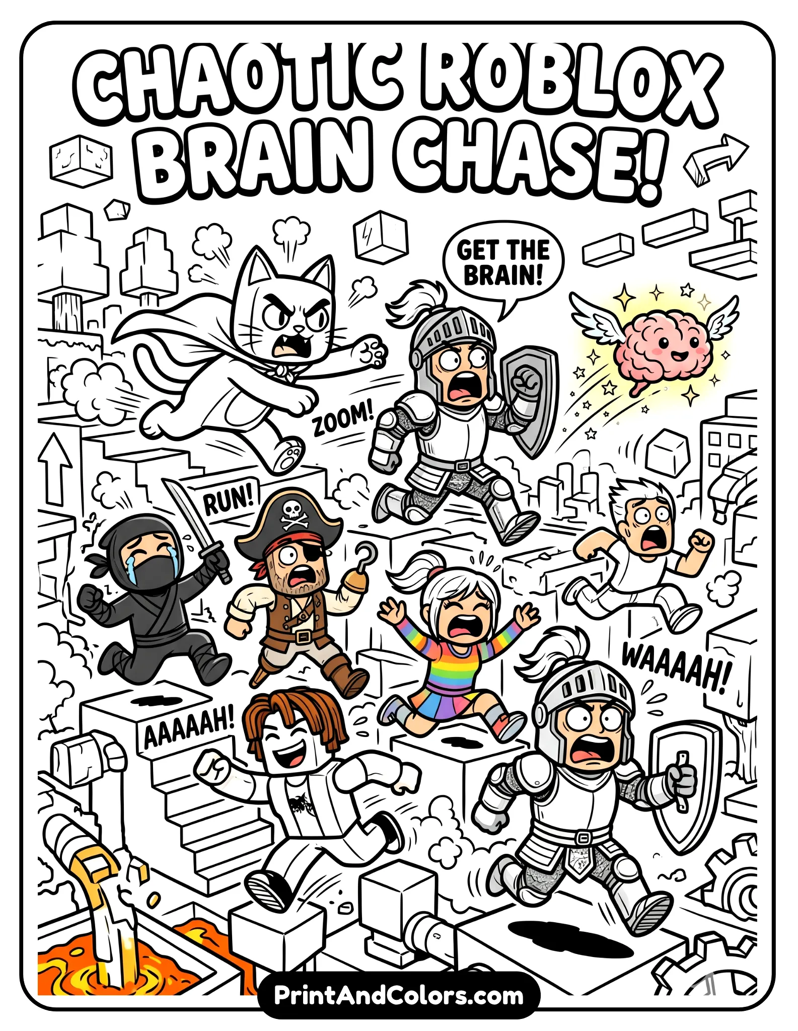 Funny chaotic Roblox scene with multiple characters chasing a glowing brain, exaggerated expressions, playful action, bold outlines, cartoon style