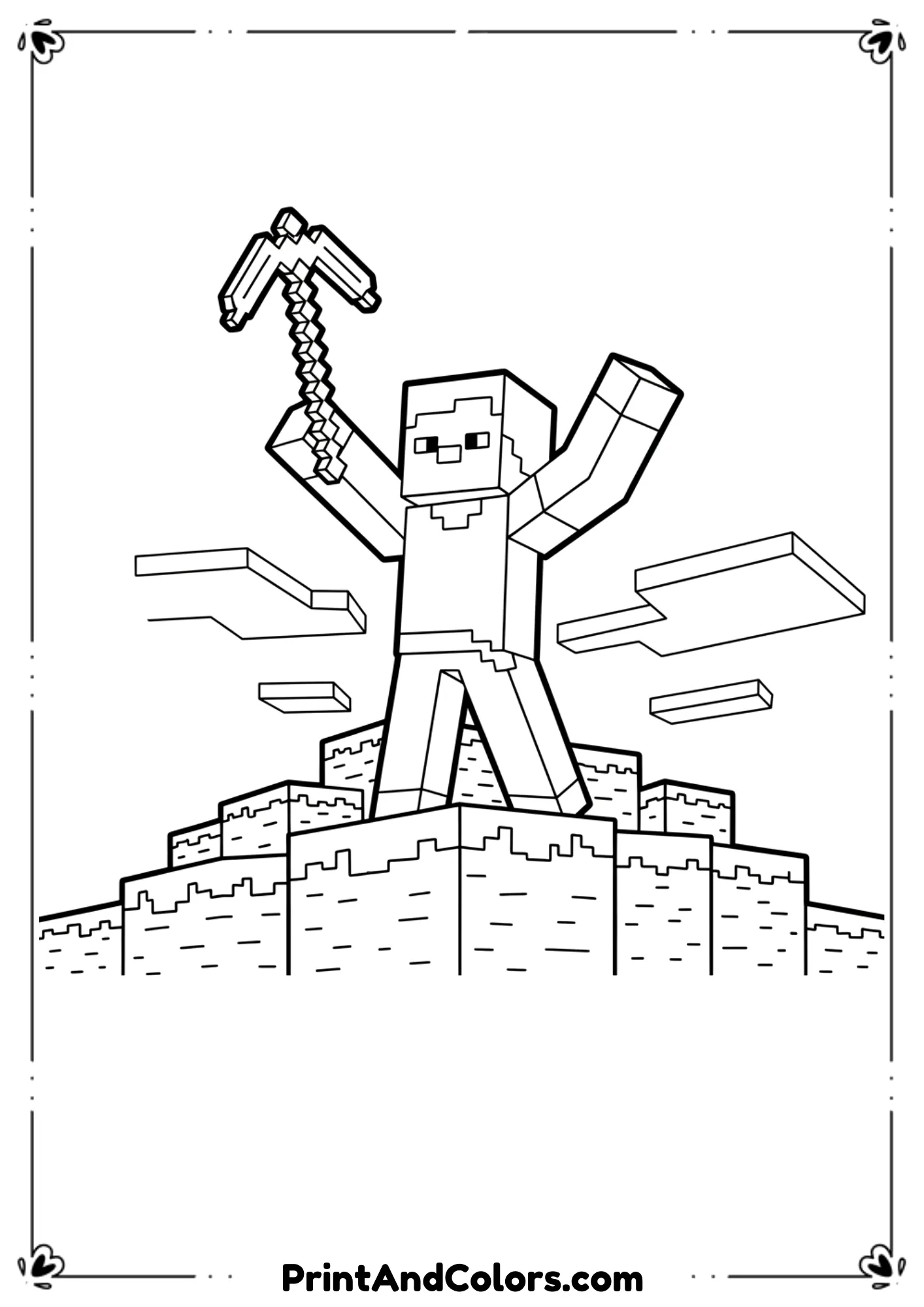  Black and white line drawing of Minecraft Steve holding his pickaxe proudly, blocky terrain behind him, bold clean outlines, no shading, no color, printable coloring page for kids.
