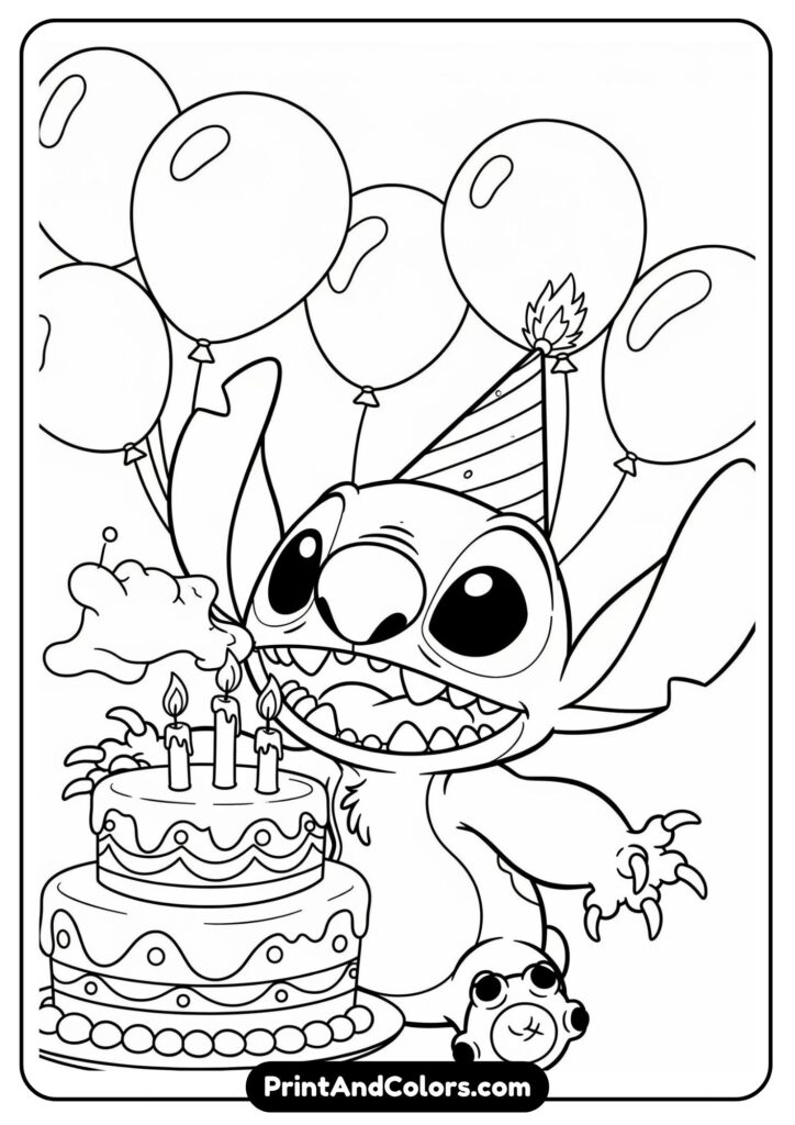 Stitch blowing out birthday candles on a cake with balloons around