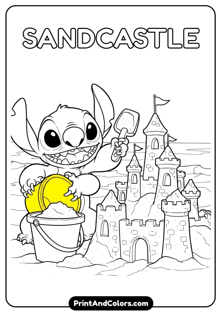 Stitch using a bucket and shovel to build a sandy castle