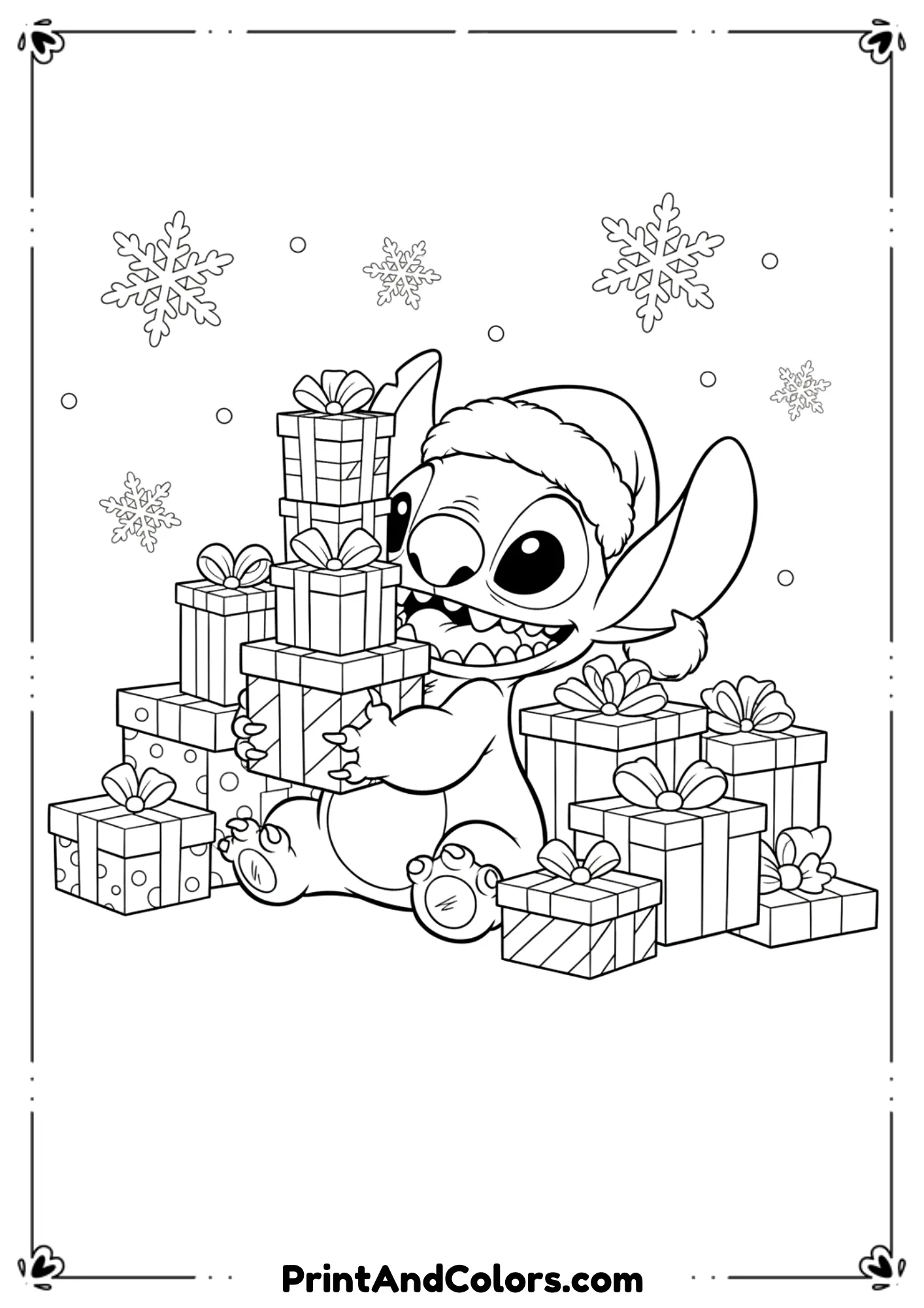 Black and white outline of Stitch wearing a Santa hat holding Christmas gifts.
