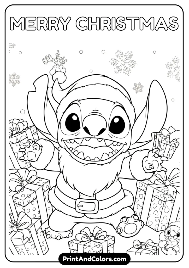 Stitch in a Santa outfit with Christmas gifts and snowflakes