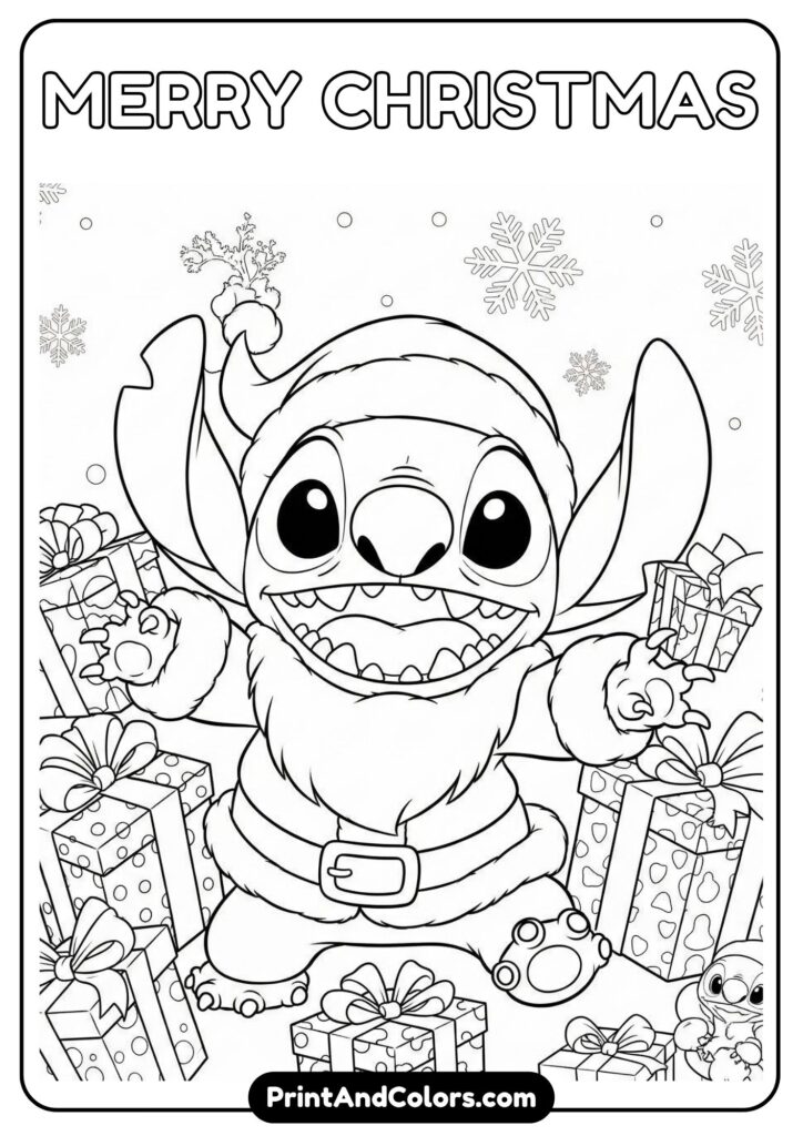 Stitch in a Santa outfit with Christmas gifts and snowflakes