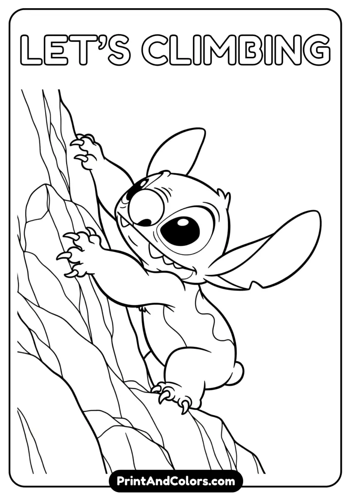 Adventurous Stitch climbing a rock cliff with determination
