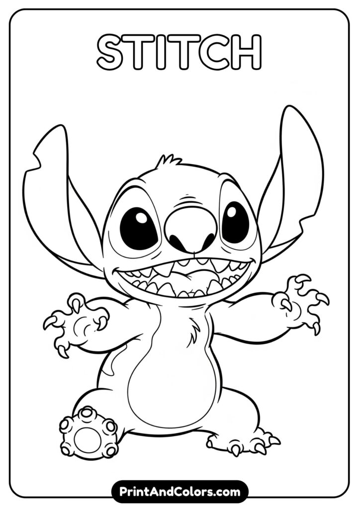 A detailed, playful illustration of Stitch with his signature smile and mischief, ready for coloring in cartoon style