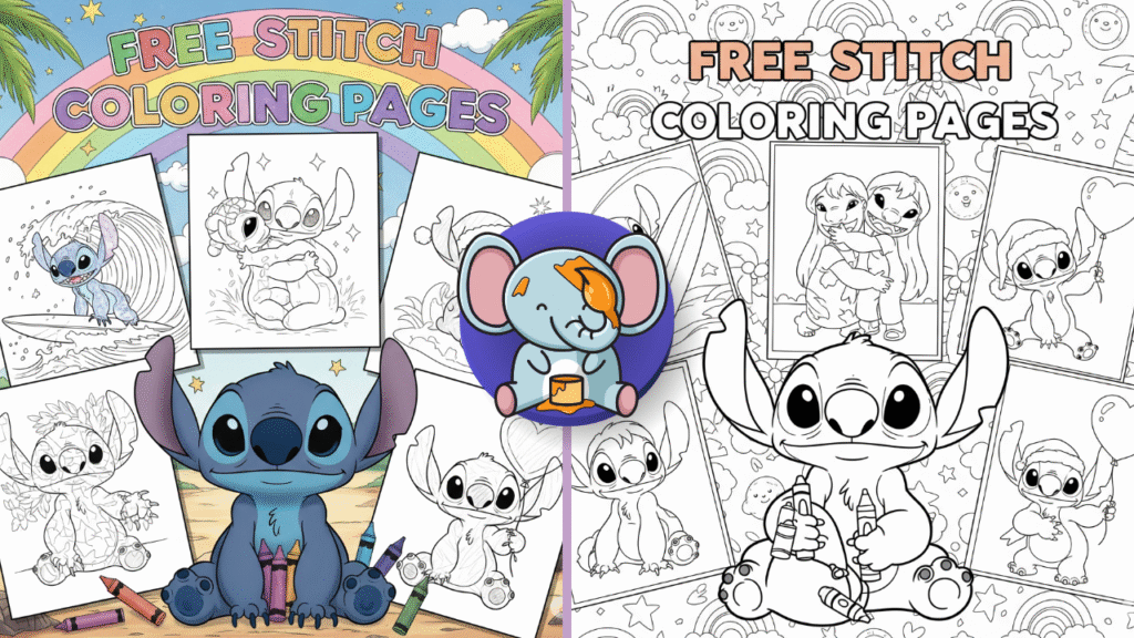 Stitch holding crayons surrounded by coloring pages of himself in fun scenes with title "Free Stitch Coloring Pages