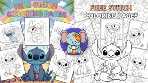 Stitch holding crayons surrounded by coloring pages of himself in fun scenes with title "Free Stitch Coloring Pages