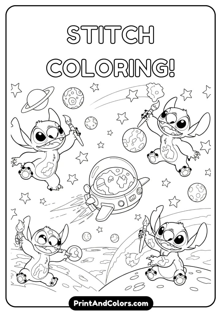 Downloadable PDF of Stitch coloring scenes with tropical and space themes