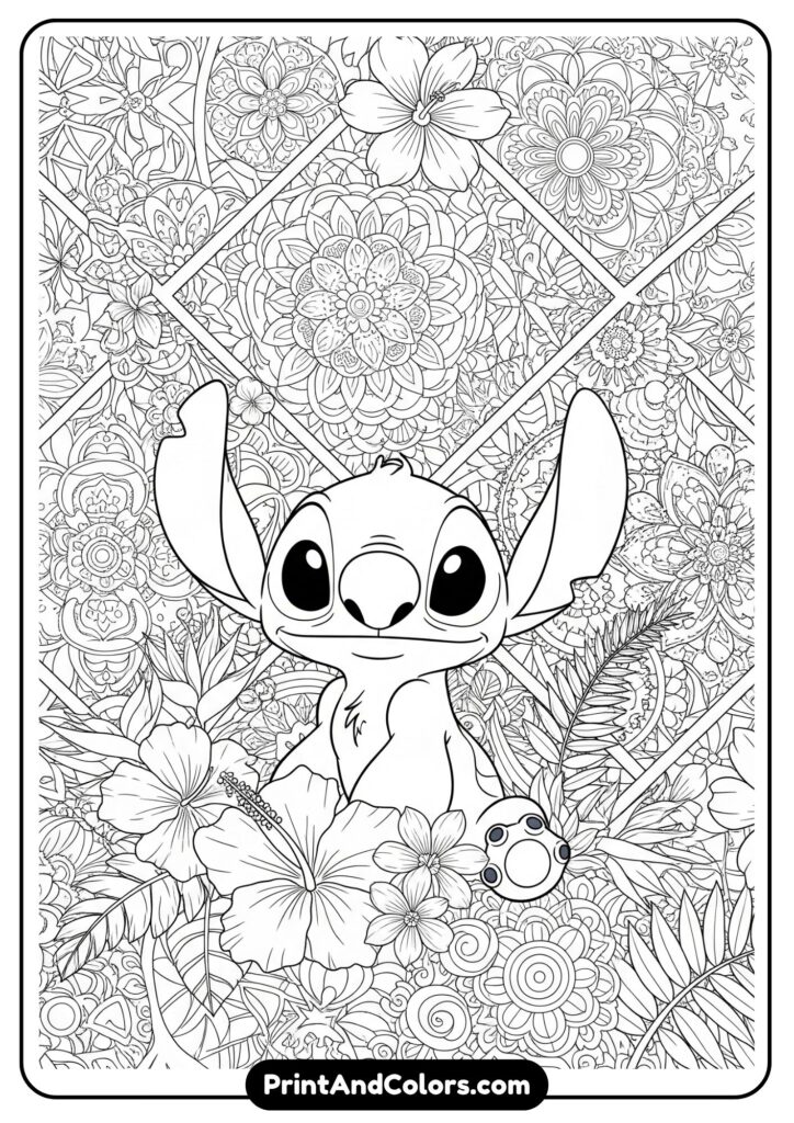 A detailed adult-style coloring page featuring Stitch surrounded by intricate mandalas, tropical flowers, and geometric patterns in a complex layout