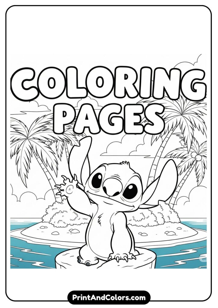 A high-resolution image of Stitch waving from a tropical island with the word “Free” illustrated in large bubble letters across the top