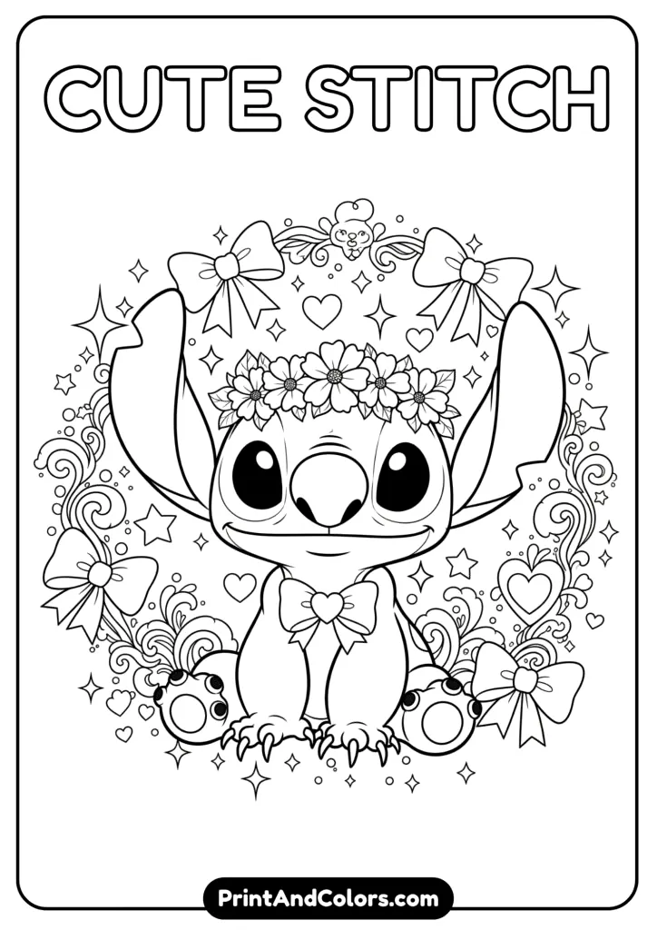 A magical and dreamy coloring page with Stitch wearing a flower crown, surrounded by sparkles, hearts, and bows – styled with a feminine aesthetic.