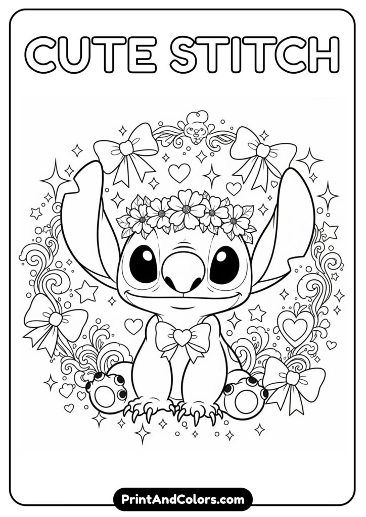 A magical and dreamy coloring page with Stitch wearing a flower crown, surrounded by sparkles, hearts, and bows – styled with a feminine aesthetic