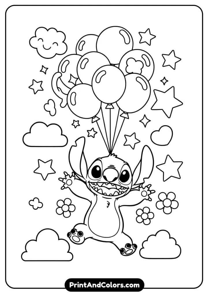 A fun and simple design of Stitch jumping up excitedly with balloons, stars, and cartoonish elements made for younger children to color easily.