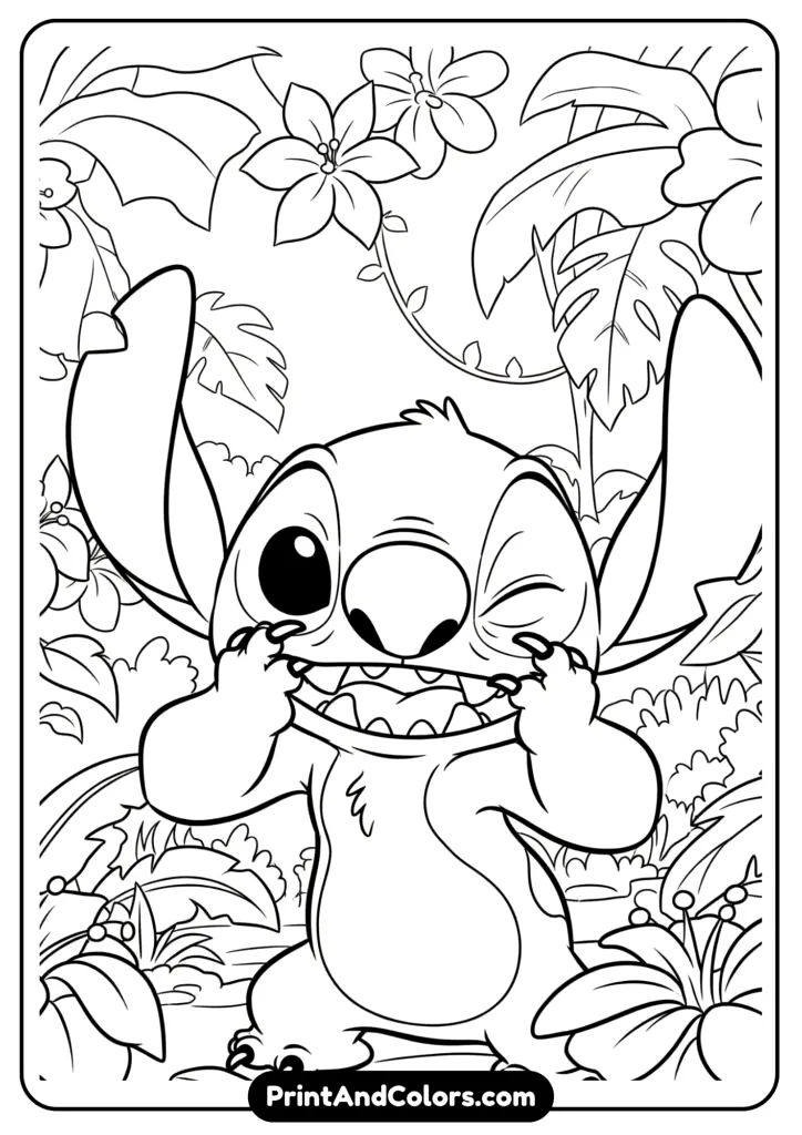 Classic Disney animation style featuring Stitch making a funny face with a backdrop of tropical jungle and large animated flowers