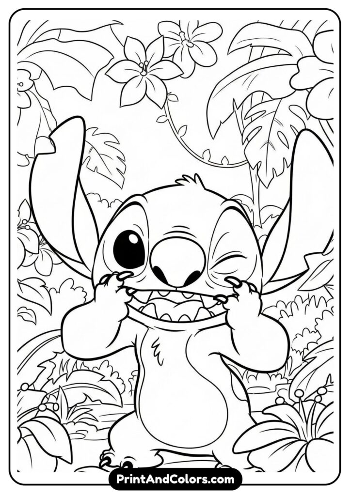 Classic Disney animation style featuring Stitch making a funny face with a backdrop of tropical jungle and large animated flowers