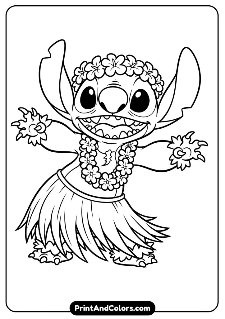 Stitch doing the hula dance with a grass skirt and flower crown