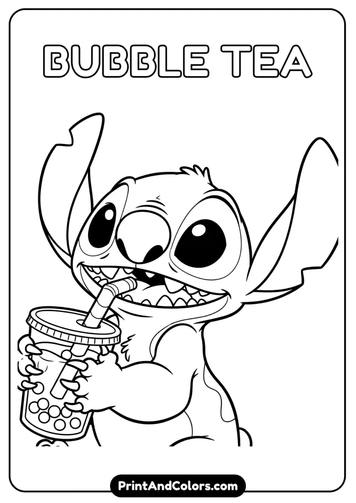 Stitch sipping bubble tea with a large straw, tapioca pearls visible in the cup, and a joyful expression