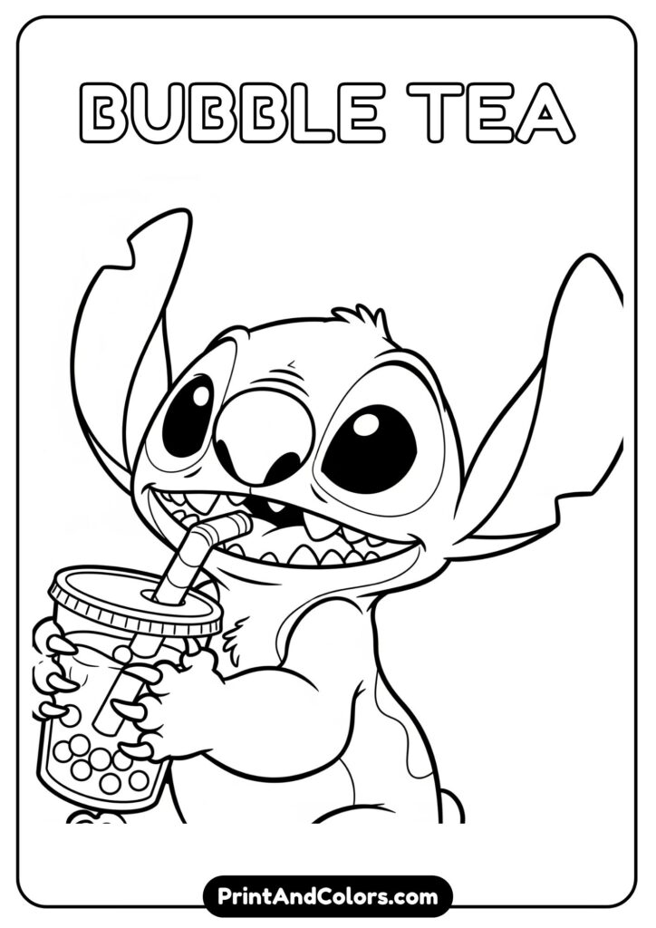 Stitch sipping bubble tea with a large straw, tapioca pearls visible in the cup, and a joyful expression