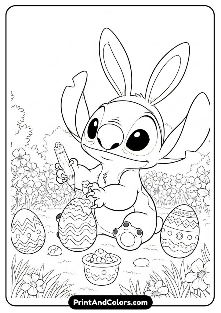 Stitch wearing bunny ears, painting colorful Easter eggs in a garden full of spring flowers