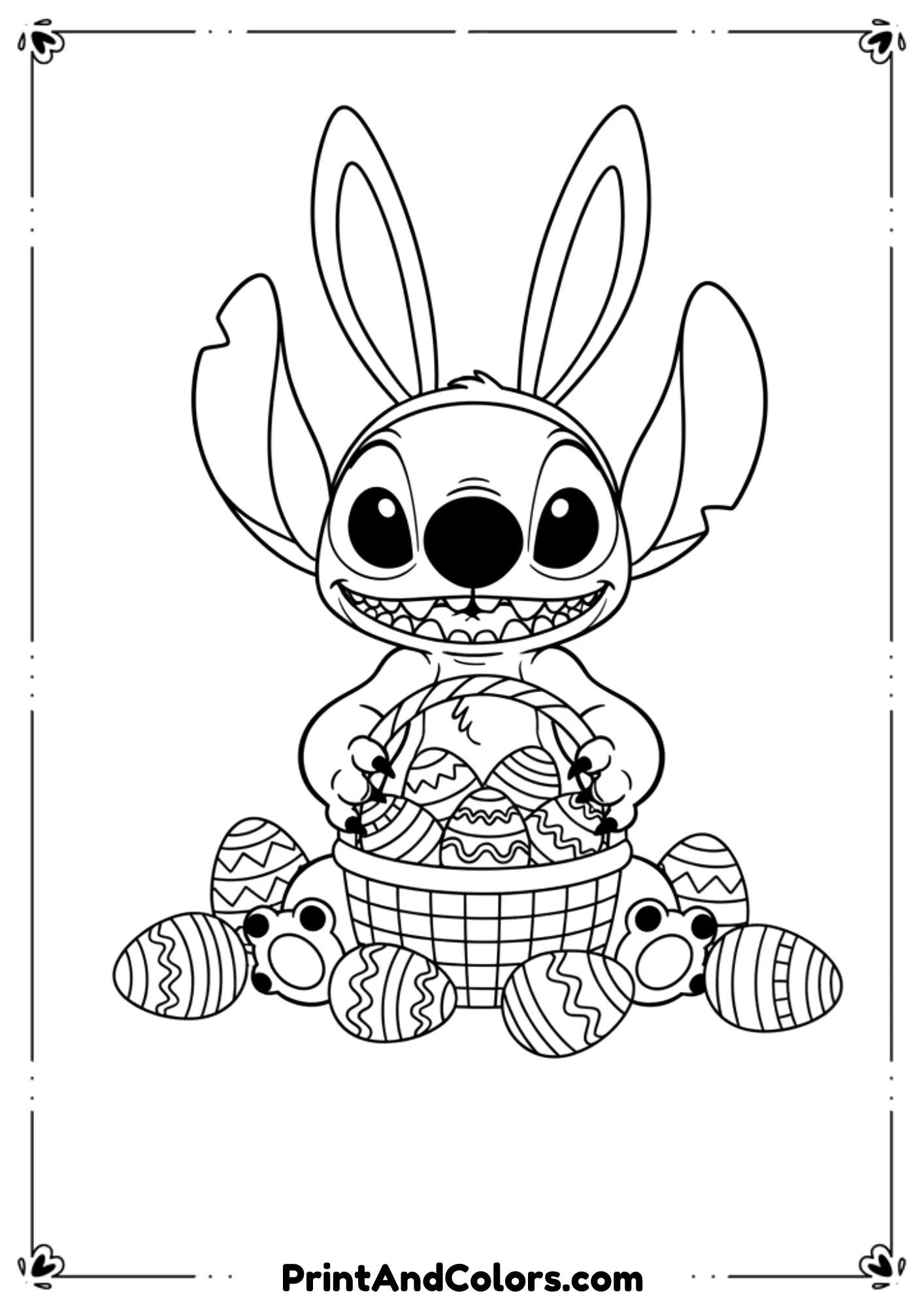 Cartoon-style Stitch character wearing bunny ears and holding Easter eggs in black and white line art.
