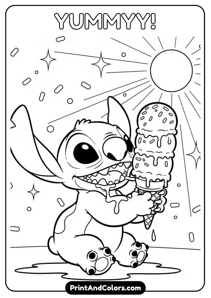 Stitch enjoying a triple-scoop ice cream cone on a sunny day with melted drips falling down his paw, surrounded by sprinkles and stars